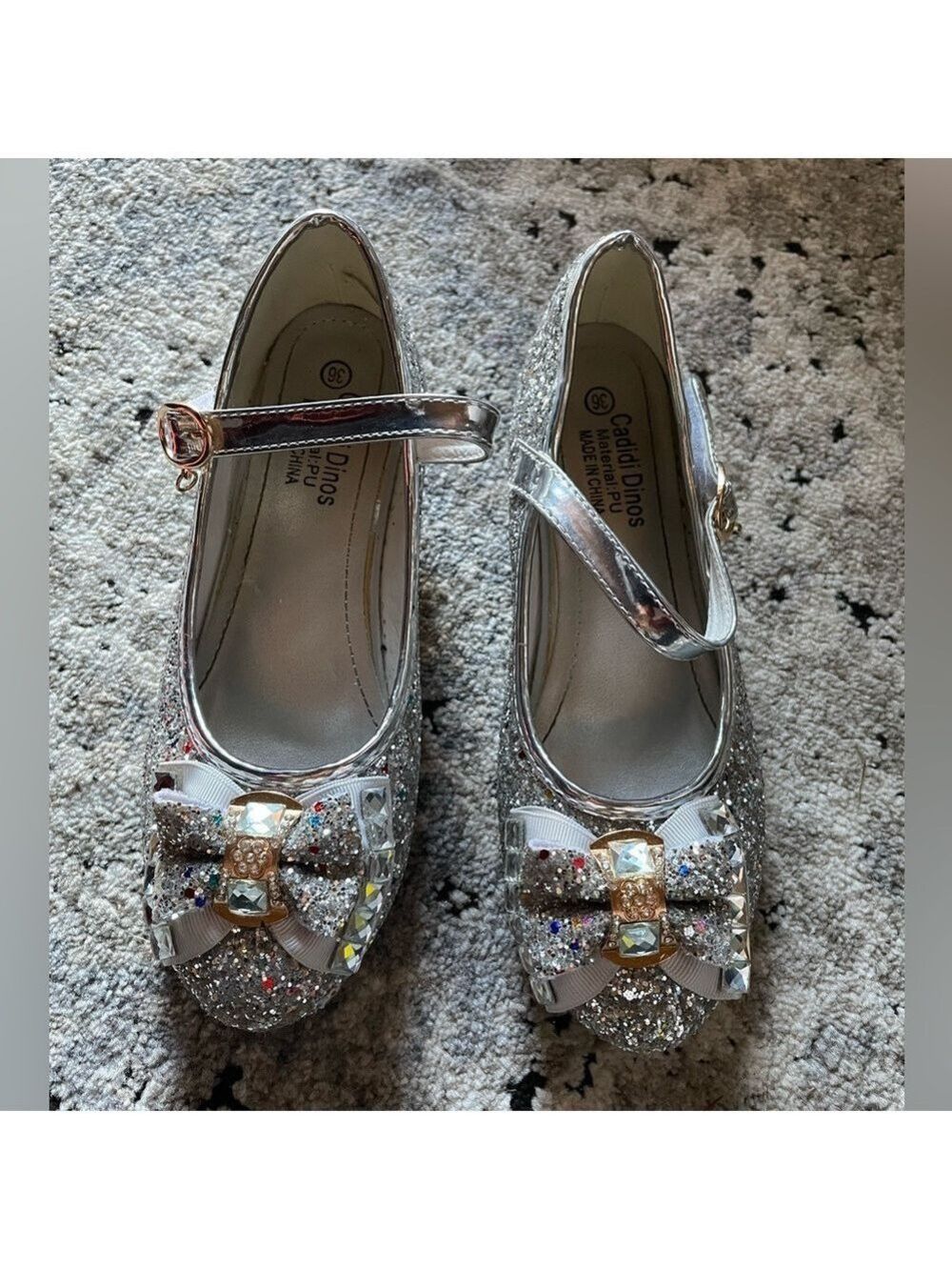 Glitter Mary Jane Flats Rhinestone Bow Silver Girls Size 5